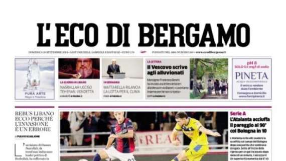 L'Eco di Bergamo: "L'Atalanta acciuffa il pareggio al 90' col Bologna in 10"