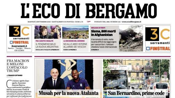 PRIMA PAGINA - L’Eco di Bergamo: "Musah per la nuova Atalanta"