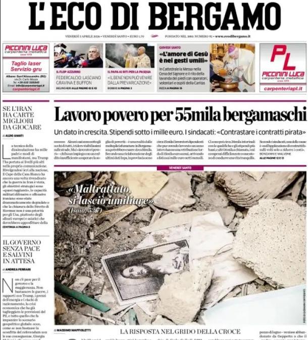 PRIMA PAGINA - L'Eco di Bergamo: "Federcalcio: lasciano Gravina e Buffon"