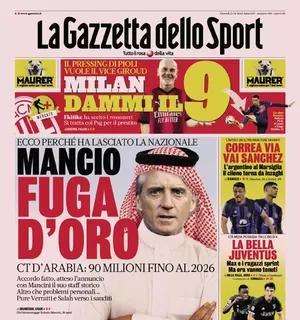 La prima pagina di oggi de La Gazzetta dello Sport titola: "Mancio fuga d'oro"