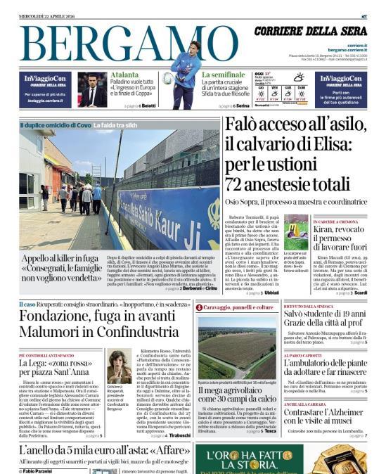 PRIMA PAGINA - Corriere di Bergamo: Palladino vuole tutto «L’ingresso in Europa e la finale di Coppa»