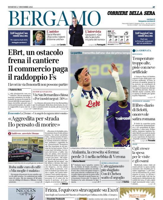 PRIMA PAGINA - Corriere di Bergamo:  "Atalanta, la crescita si ferma: perde 3-1 nella nebbia di Verona"