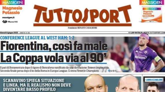 Tuttosport in apertura: "Fiorentina, così fa male. La Coppa vola via al 90'"