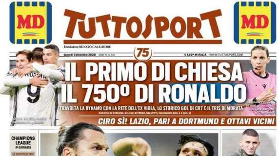 PRIMA PAGINA - Tuttosport: "Il primo di Chiesa, il 750° di Ronaldo"