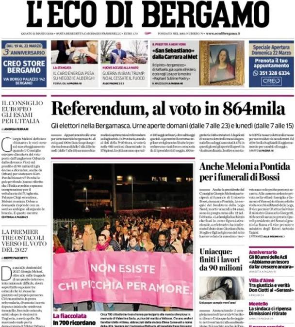 PRIMA PAGINA - L'Eco di Bergamo: "L'Italia a caccia del Mondiale con 4 atalantini"