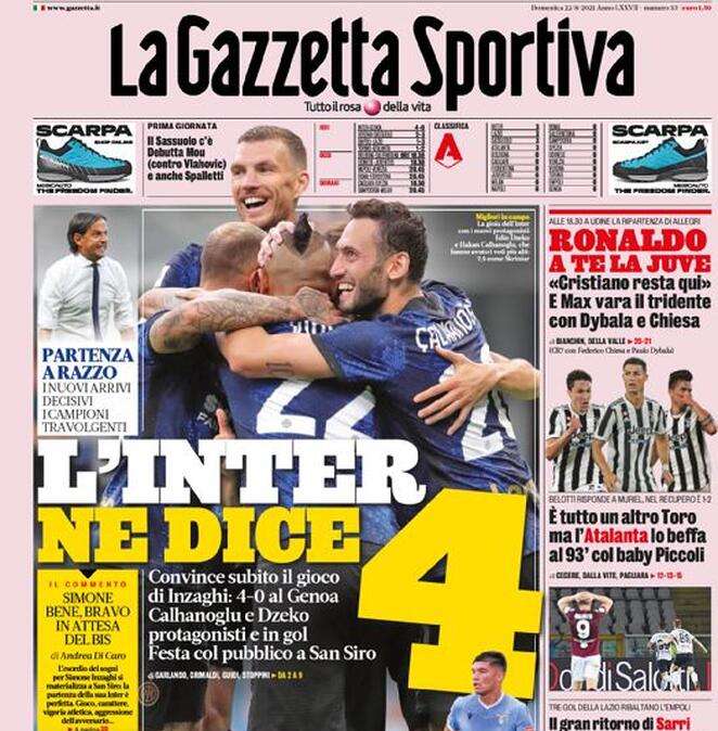 L'apertura de La Gazzetta dello Sport: "L'Inter ne dice 4"