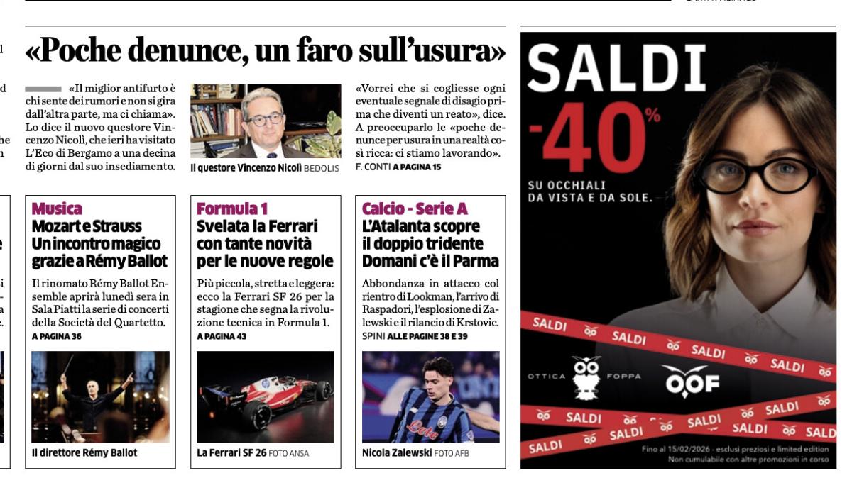 PRIMA PAGINA - L'Eco di Bergamo: "L'Atalanta scopre il doppio tridente"