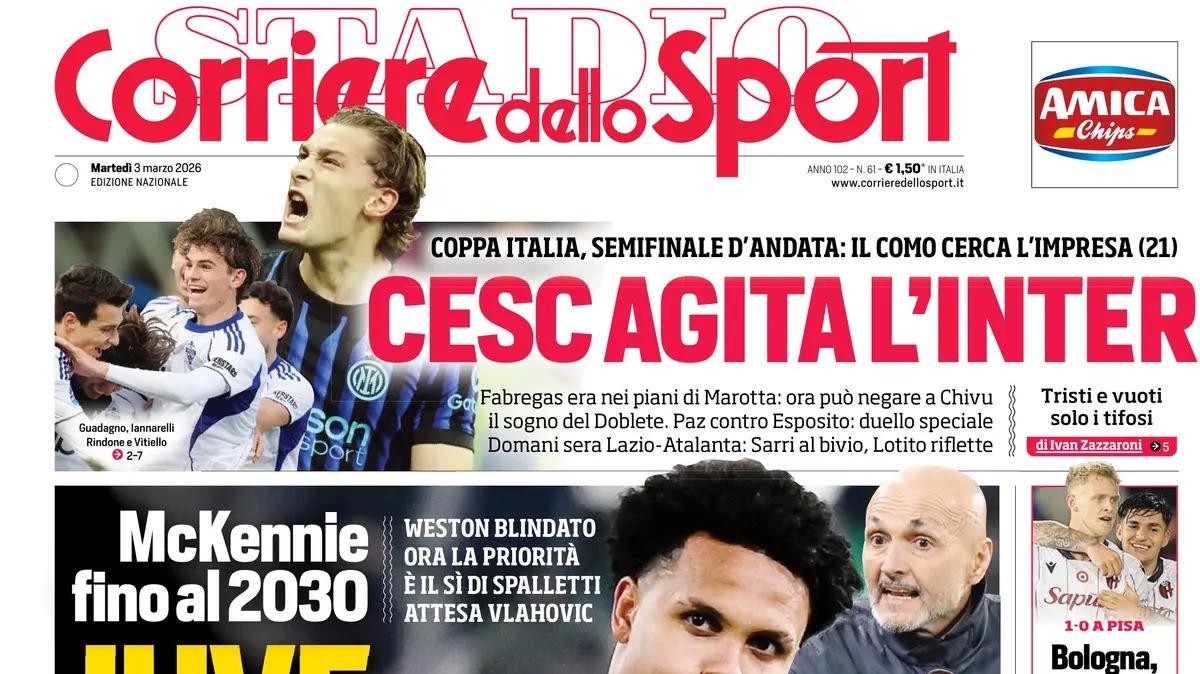 PRIMA PAGINA - Corriere dello Sport: "Domani sera Lazio-Atalanta"