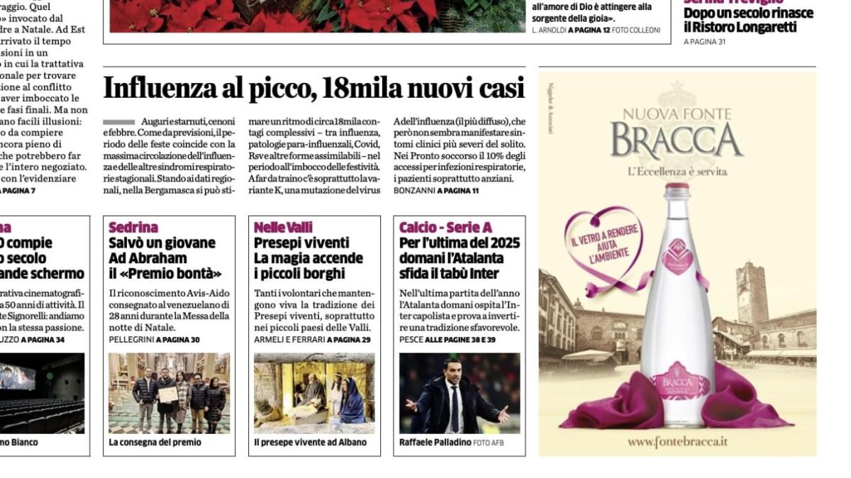 PRIMA PAGINA - L'Eco di Bergamo: "Per l'ultima del 2025 domani l'Atalanta sfida il tabù Inter"