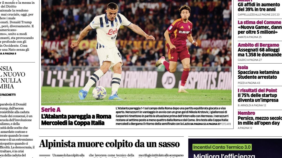 PRIMA PAGINA - L'Eco di Bergamo: "L'Atalanta pareggia a Roma"