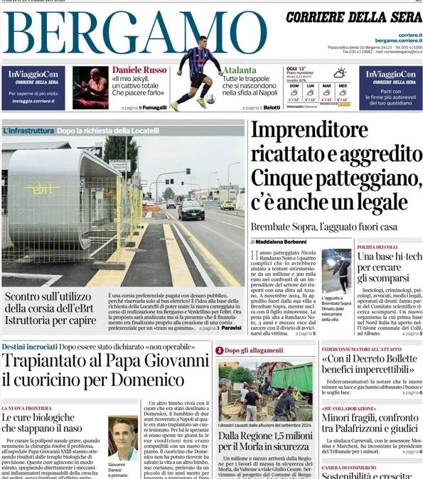 PRIMA PAGINA - Corriere di Bergamo: Atalanta: Tutte le trappole che si nascondono nella sfida al Napoli