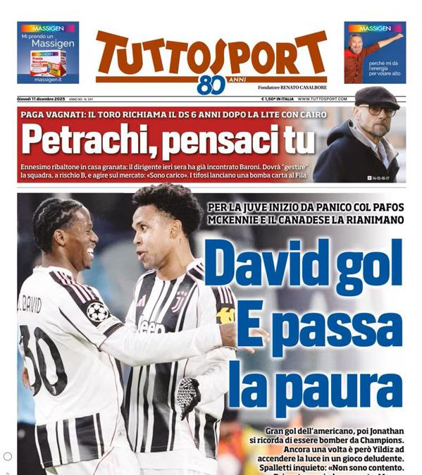 PRIMA PAGINA - TuttoSport: "David gol. E passa la paura"