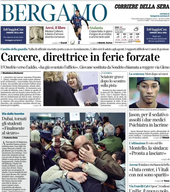 PRIMA PAGINA - Corriere di Bergamo: Coppa Italia, in gioco il sogno di un trofeo e anche tanti soldi