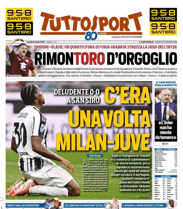 PRIMA PAGINA - TuttoSport: "C'era una volta Milan-Juve"