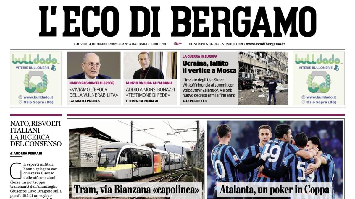 PRIMA PAGINA - L'Eco di Bergamo: "Atalanta, poker in Coppa"