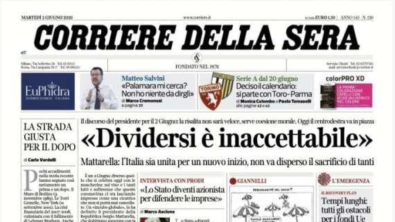 L'apertura del Corriere della Sera sul discorso di Mattarella: "Dividersi è inaccettabile"