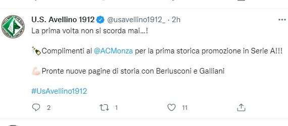 L'Avellino si complimenta col Monza: "Pronte nuove pagine di storia con Berlusconi e Galliani"