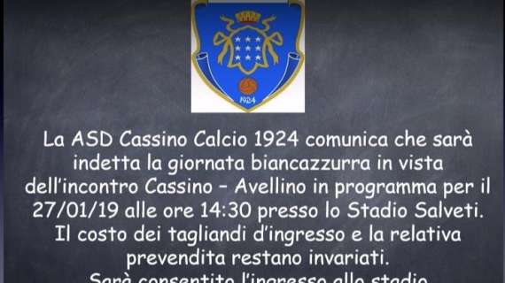 Cassino-Avellino, indetta la giornata biancazzurra