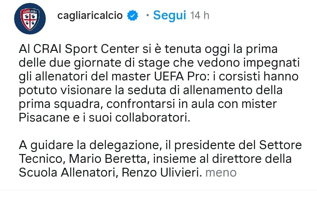 Stage a Cagliari per gli allenatori Master UEFA PRO: c'era anche Biancolino