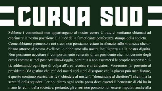 Il duro comunicato della Sud: "Il presidente continua a non assumersi le proprie responsabilità. Disonestà intellettuale e improvvisazione regnano sovrane"