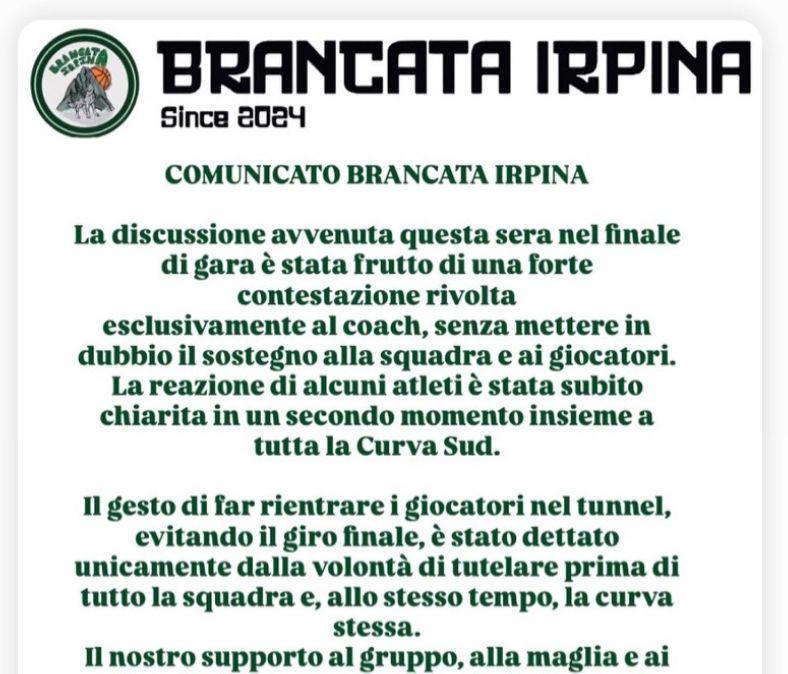Brancata Irpina: "Contestazione rivolta esclusivamente al coach. Il nostro supporto alla maglia e ai giocatori non mancherà mai"