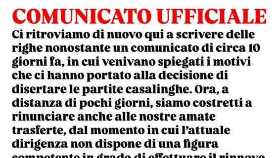 La tifoseria organizzata della Turris comunica: "Diserteremo tutte le gare a partire dalla prossima ad Avellino"