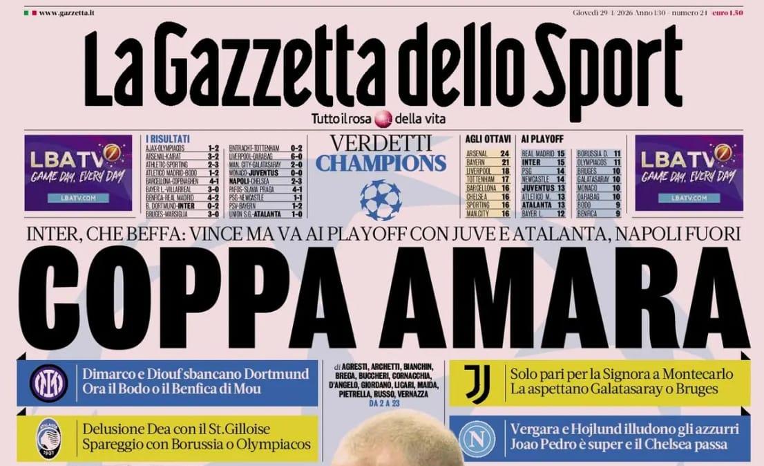 Inter, che beffa: va ai playoff con Juve e Atalanta. Napoli fuori. Gazzetta: "Coppa amara"