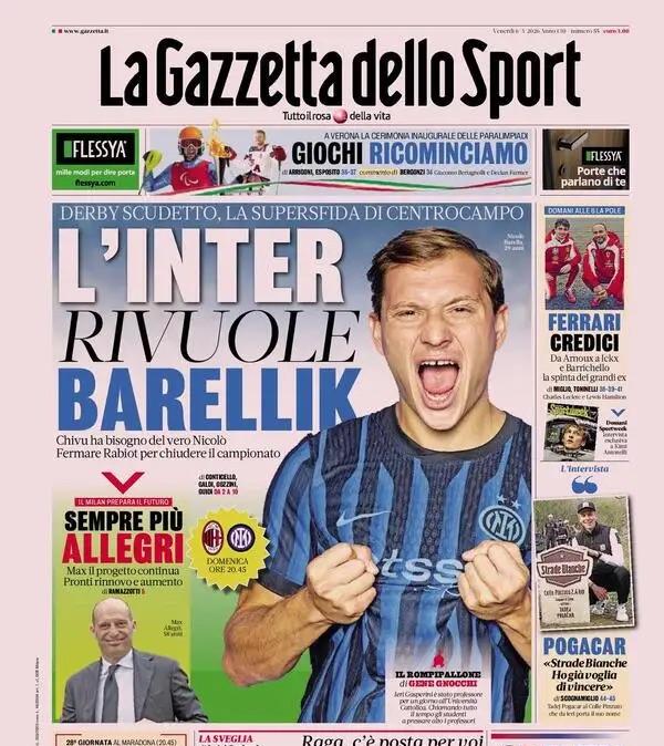 Derby scudetto, la supersfida di centrocampo. Gazzetta: "L'Inter rivuole Barellik"