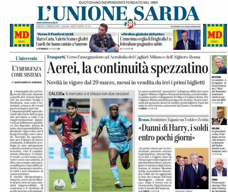 Mercato chiuso con due cessioni. L'Unione Sarda: "Il Cagliari saluta Luperto e Luvumbo"