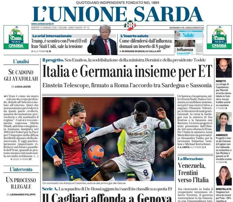 Luvumbo spreca, poi il buio. L'Unione Sarda: "Il Cagliari affonda a Genova"