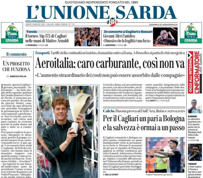 Buona prova al Dall'Ara. L'Unione Sarda: "Per il Cagliari un pari a Bologna e la salvezza è ormai a un passo"