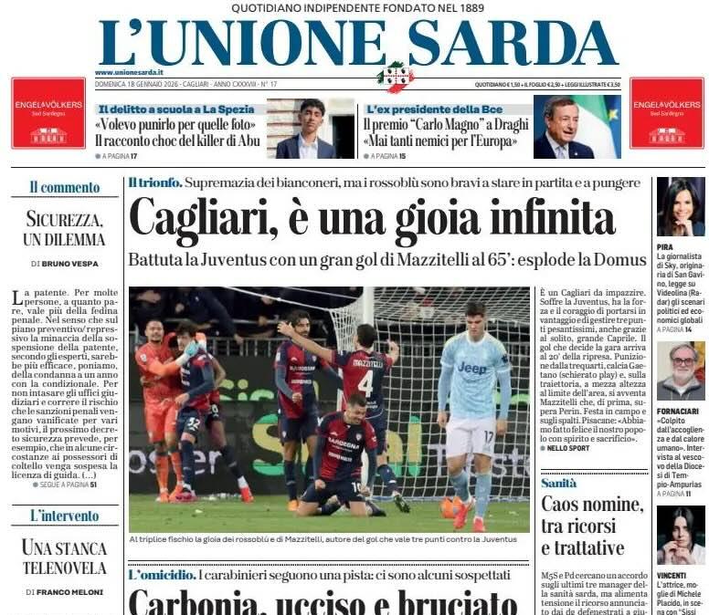 Battuta la Juventus con un gran gol di Mazzitelli. L'Unione Sarda: "Cagliari, una gioia infinita"