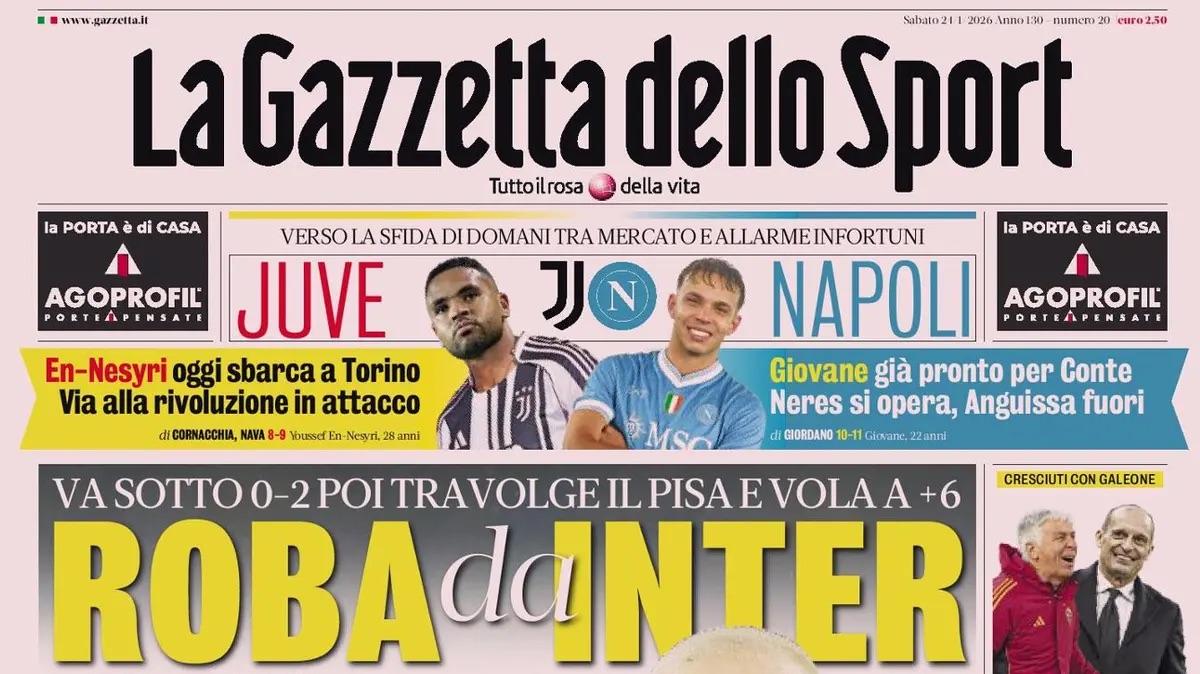 Va sotto 0-2, poi travolge il Pisa e vola a +6. Gazzetta: "Roba da Inter"