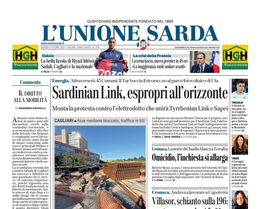 Sadali, Cagliari e la Nazionale. L'apertura de L'Unione Sarda: "La bella favola di Riyad Idrissi"