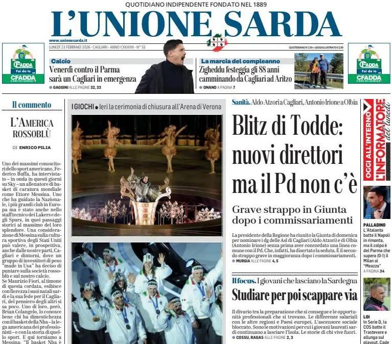 La squalifica di Mina e la maledizione del regista. L'Unione Sarda: "Venerdì contro il Parma sarà un Cagliari in emergenza"