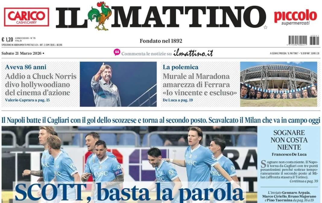 Blitz Napoli in Sardegna, Il Mattino. ""Ci pensa Scott. Sono 18 anni che il povero Cagliari non batte gli azzurri"