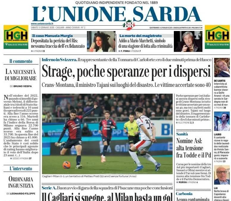 Solo applausi e rimpianti per i rossoblù. L'Unione Sarda: "Il Cagliari si spegne, al Milan basta un gol"