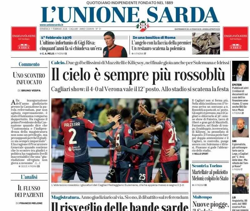 Cagliari show, L'Unione Sarda: "Il cielo è sempre più rossoblù"