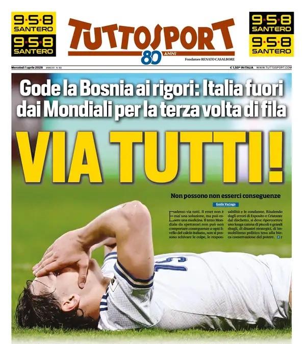 Gode la Bosnia ai rigori: Italia fuori. Tuttosport: "Via tutti!"