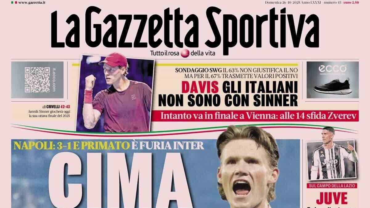 Napoli 3-1 e primato. E' furia Inter. L'apertura della Gazzetta: "Cima al veleno"