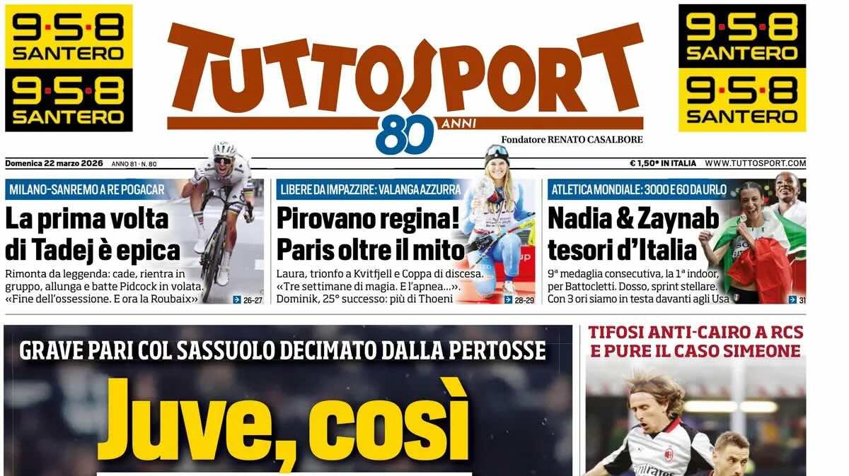 Grave pari col Sassuolo decimato dalla pertosse, Tuttosport: "Juve, così butti via tutto"