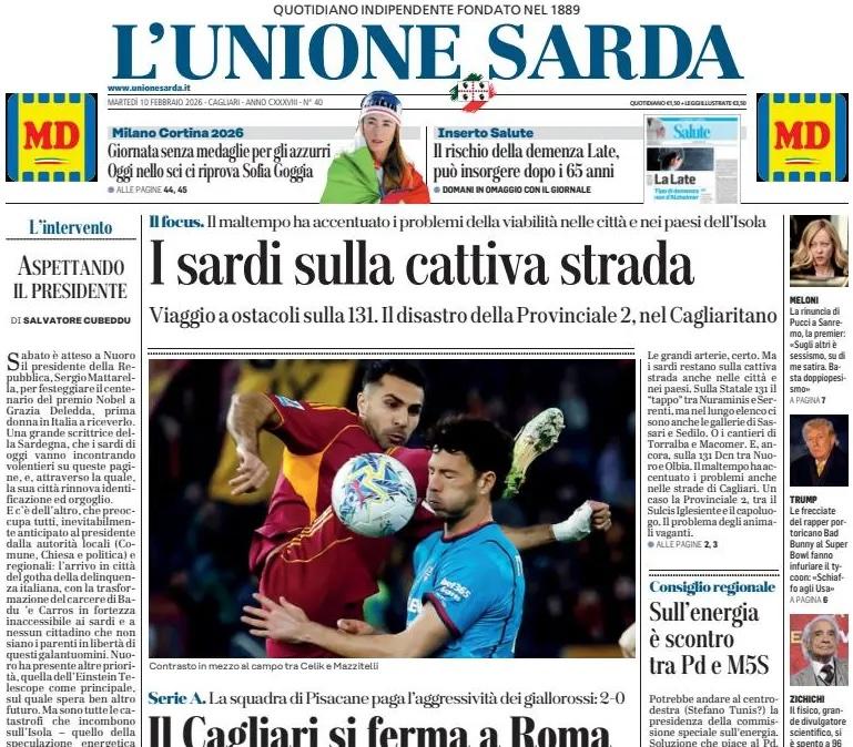 Rossoblù ko dopo tre vittorie di fila. L'Unione Sarda: "Il Cagliari si ferma a Roma"