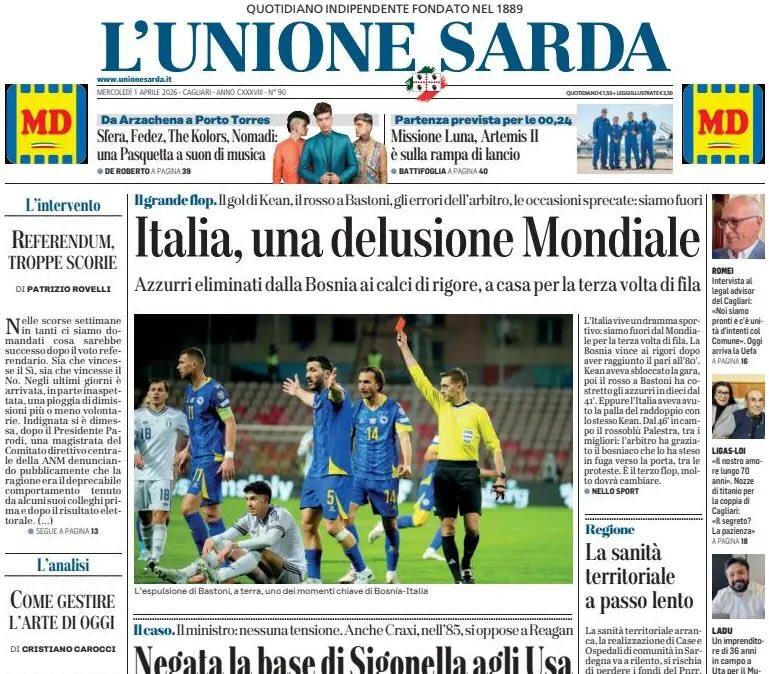 Non basta una grande prova del rossoblù Palestra. L'Unione Sarda:  "Italia, una delusione Mondiale"