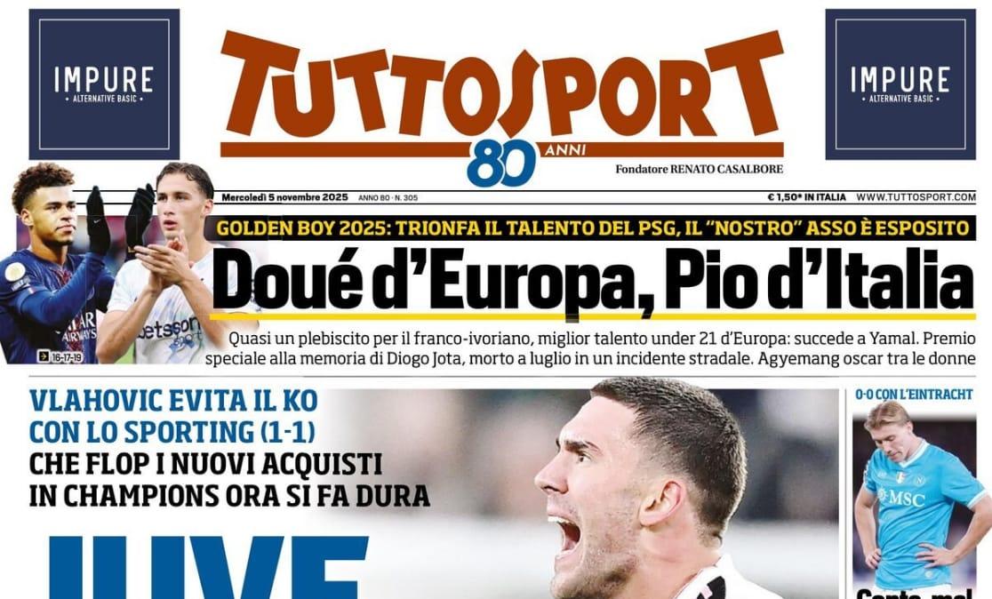 Vlahovic evita il ko con lo Sporting. Apertura Tuttosport: "Juve ma chi hai comprato?"