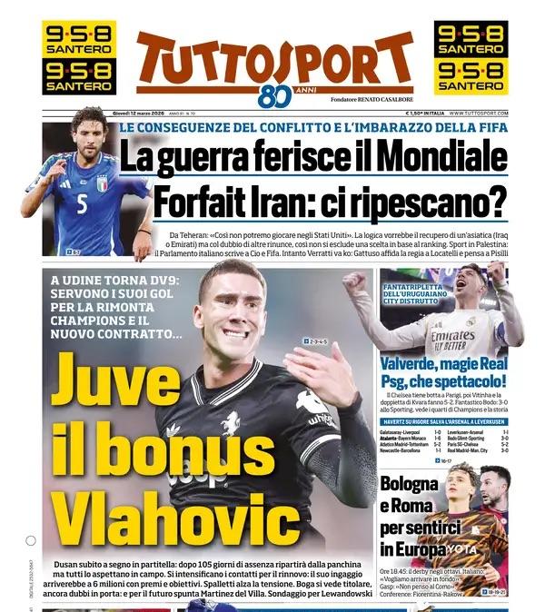 A Udine torna DV9. Tuttosport: "Juve, il bonus Vlahovic"