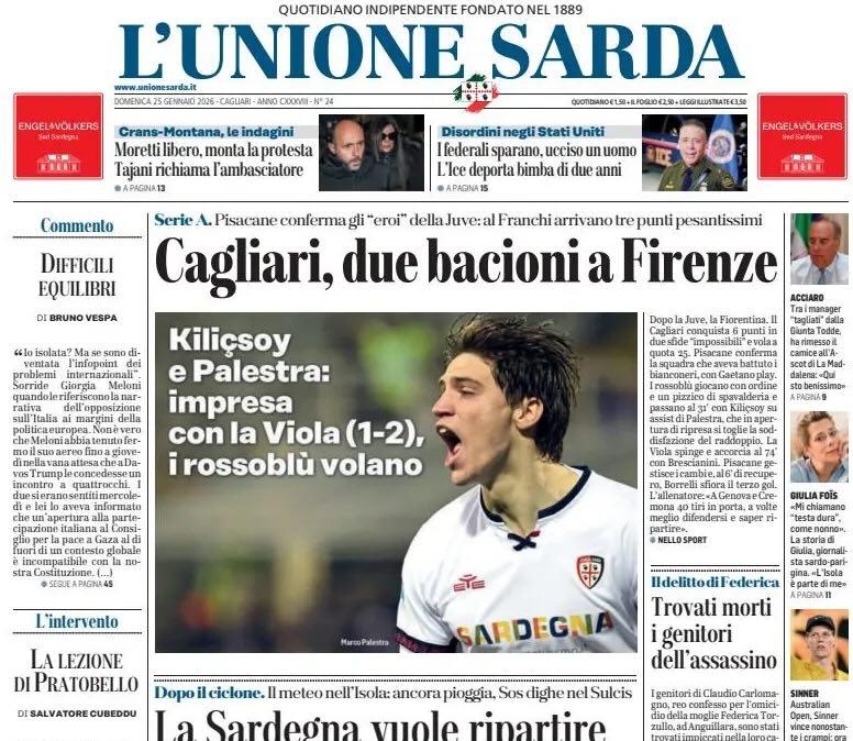 Impresa con la Viola, L'Unione Sarda: "Cagliari, due bacioni a Firenze"