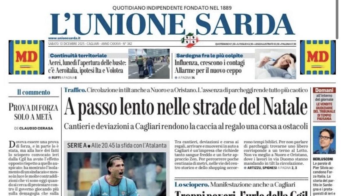 Pisacane verso la conferma dell'undici di domenica. L'Unione Sarda: "Il Cagliari punta a un'altra impresa contro l'Atalanta"