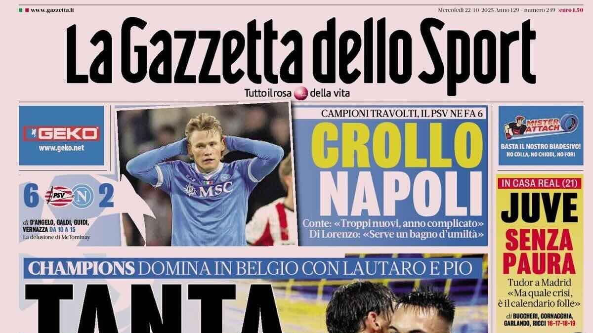 Champions, luci e ombre per le italiane. Apertura Gazzetta: "Tanta Inter. Crollo Napoli"