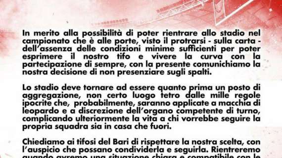 Bari, i Seguagi della Nord non ci stanno: "Non saremo sugli spalti"