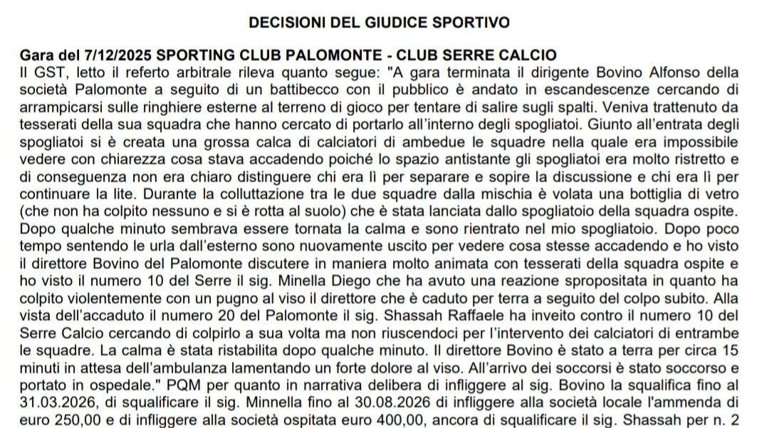 Decisioni del giudice sportivo dopo Sporting Palomonte–Club Serre: sanzioni durissime dopo gli episodi di violenza